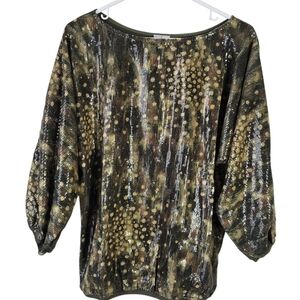 NWOT Anthropologie Rinku Sequin 3/4 Dolman Sleeve Top Size M Olive Green/Yellow